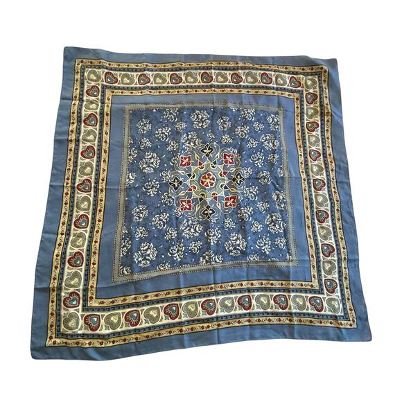 Vintage Folk Art Heart Scarf Blue Floral Square 33" Cottagecore Boho - Picture 1 of 4